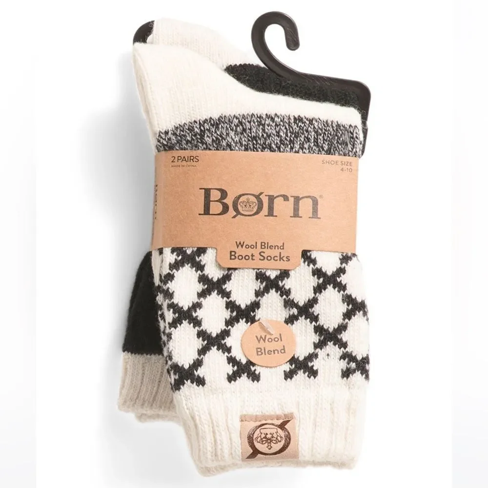 BORN Heather Black White US W 4-10 Texture Knit Pattern Boot Socks 2 Pack